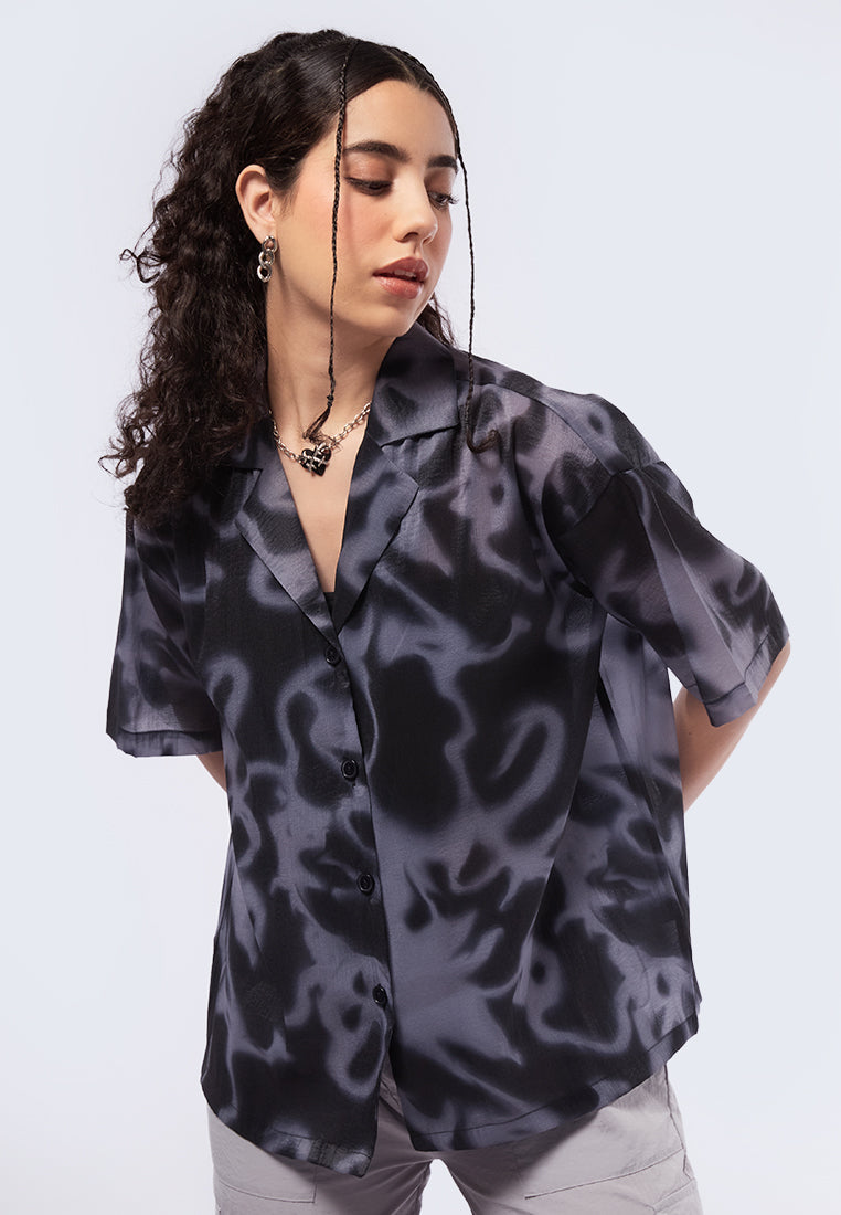 Printed Short Sleeve Sheer Blouse