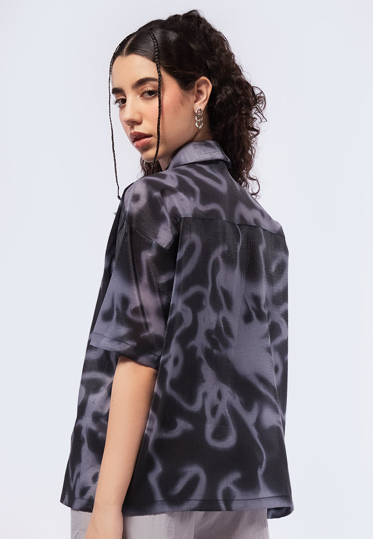 Printed Short Sleeve Sheer Blouse