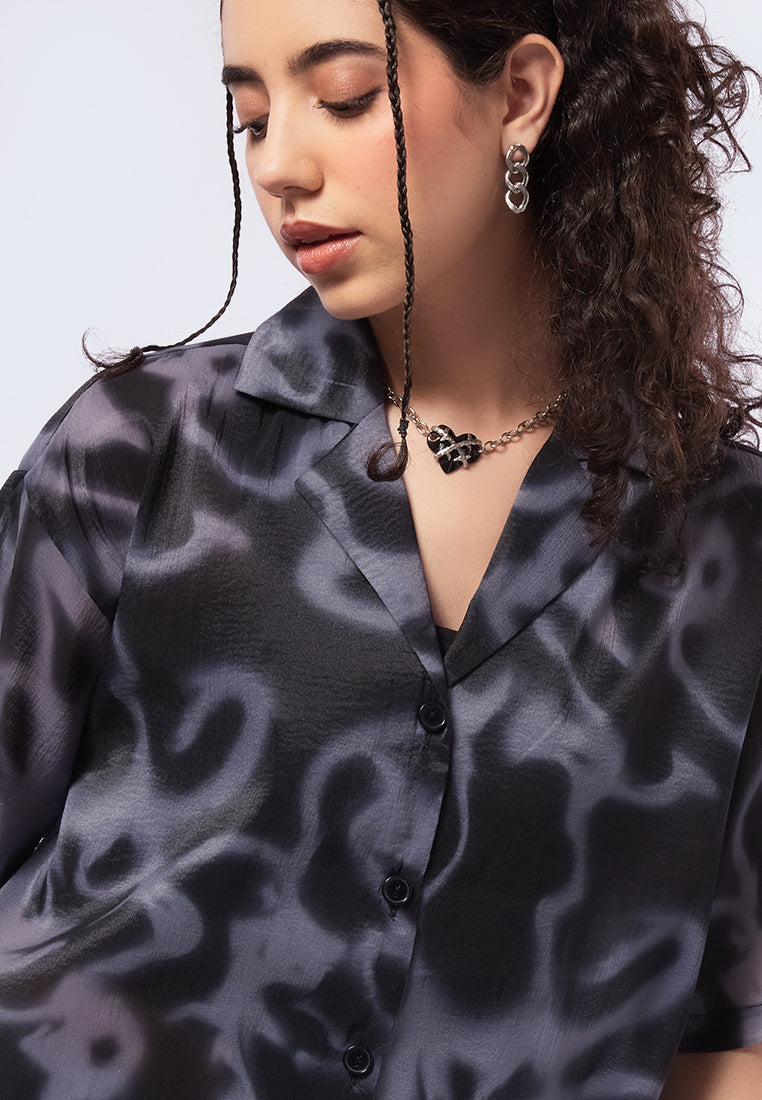 Printed Short Sleeve Sheer Blouse