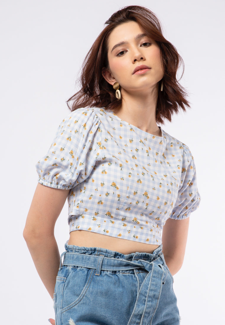 Printed Puff Sleeve Crop Blouse