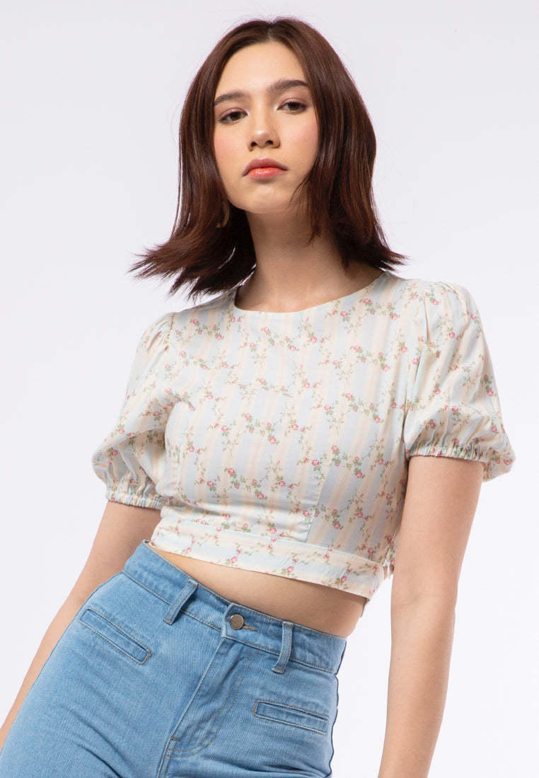 Printed Puff Sleeve Crop Blouse