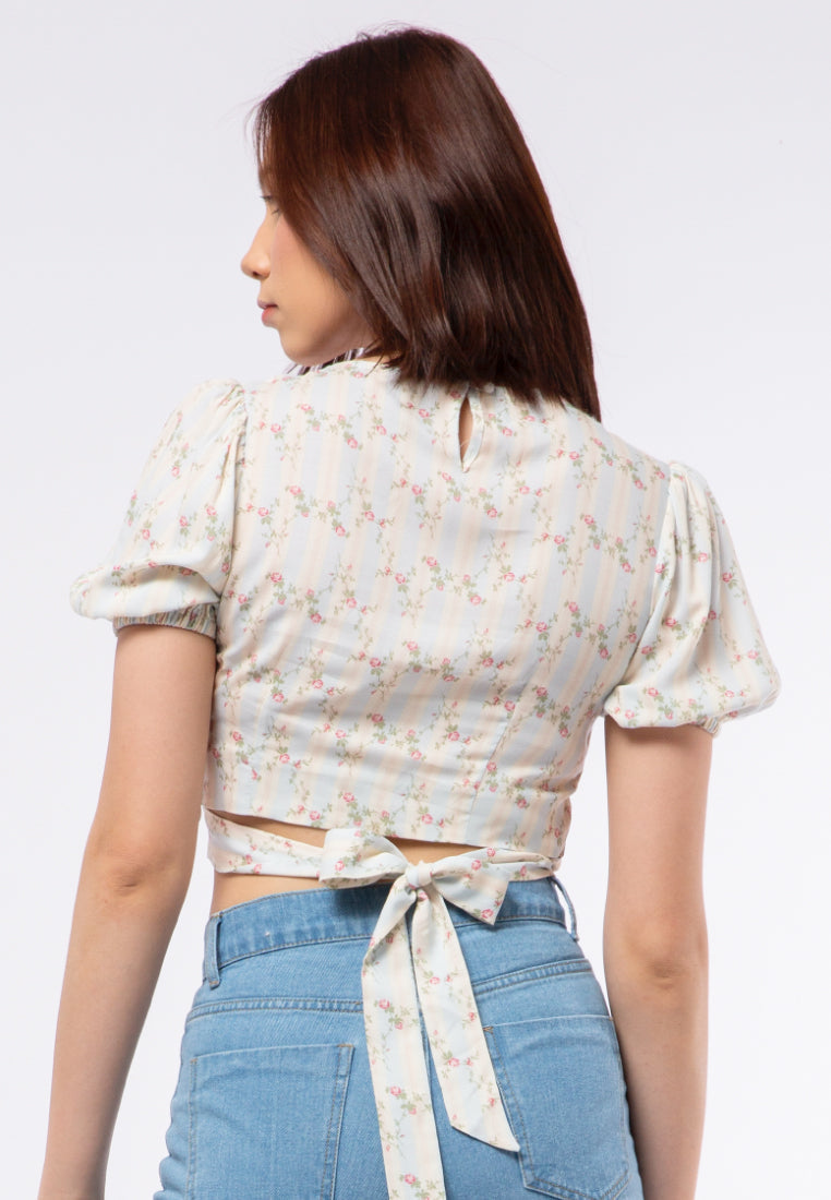 Printed Puff Sleeve Crop Blouse