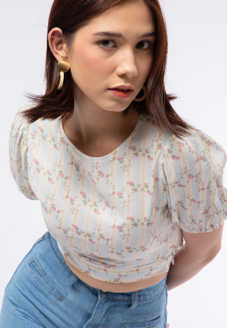 Printed Puff Sleeve Crop Blouse
