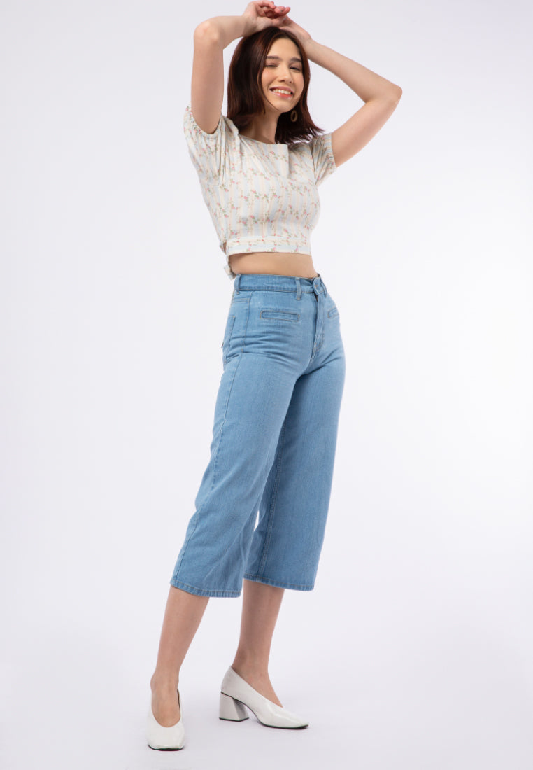 Printed Puff Sleeve Crop Blouse
