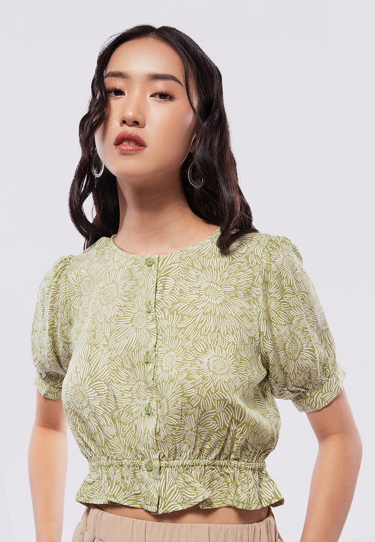 Printed Puff Sleeves Crop Blouse
