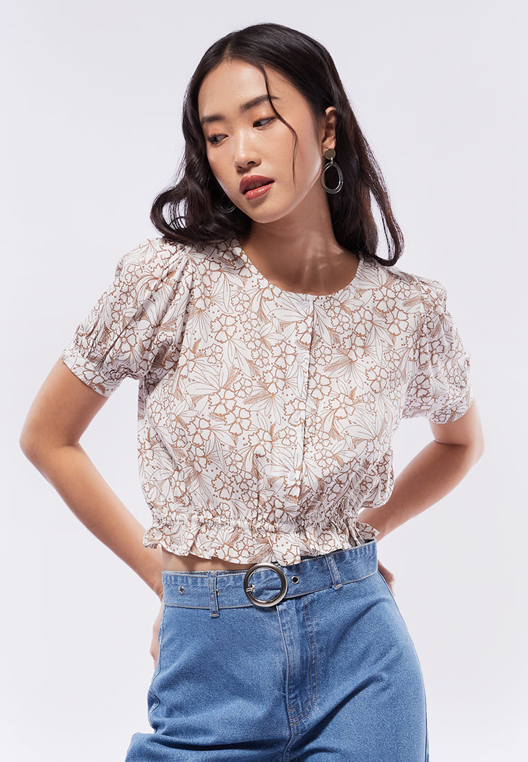 Printed Puff Sleeves Crop Blouse