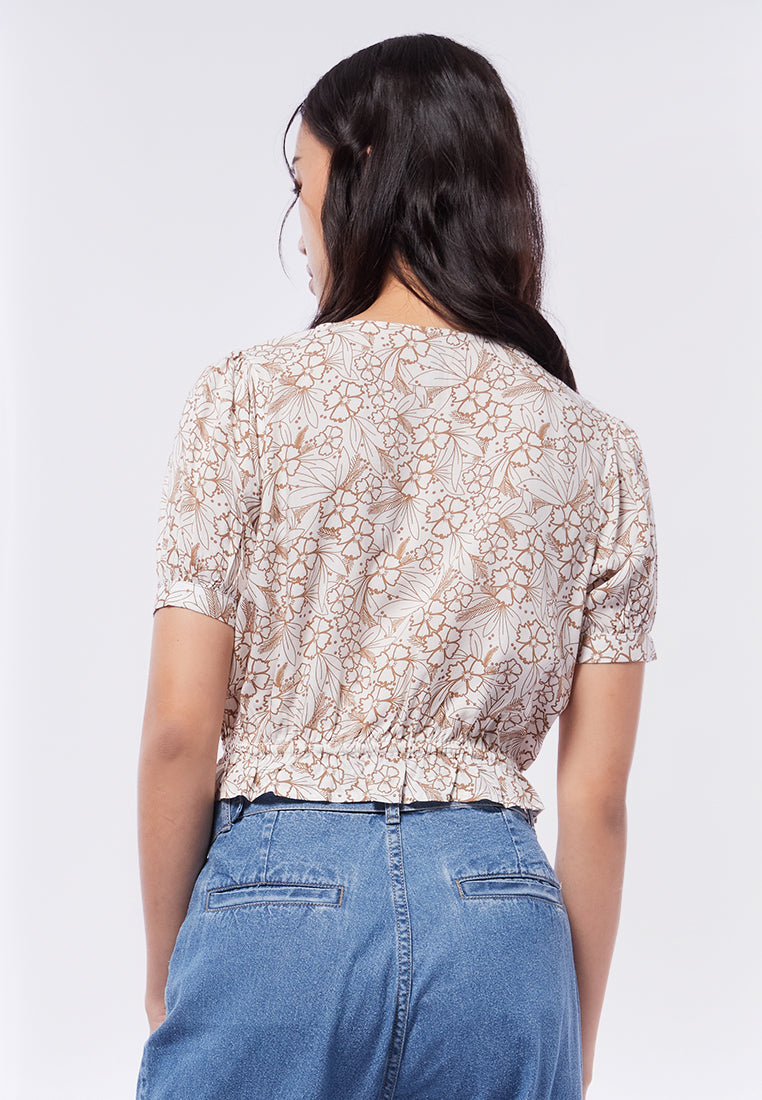 Printed Puff Sleeves Crop Blouse