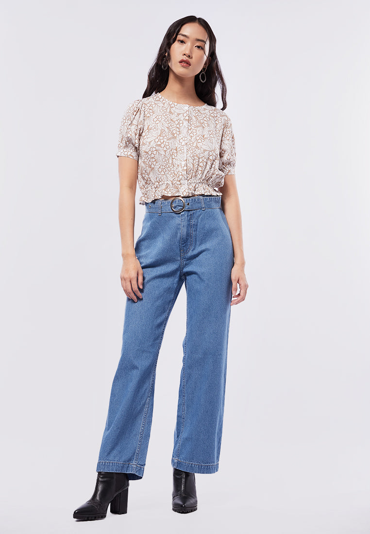 Printed Puff Sleeves Crop Blouse