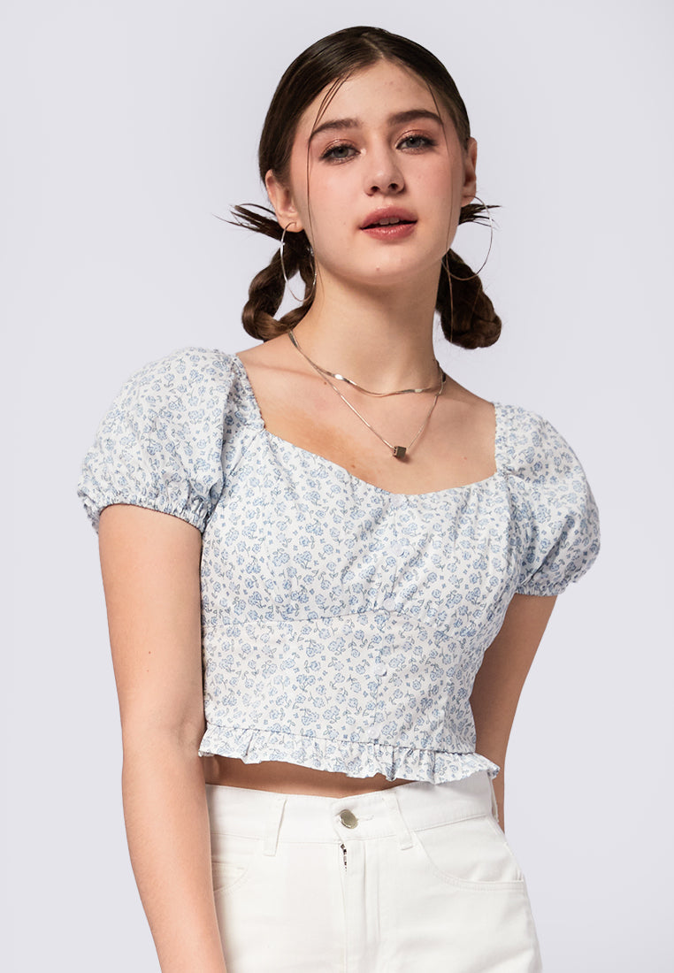 Printed Puff Sleeves Crop Top