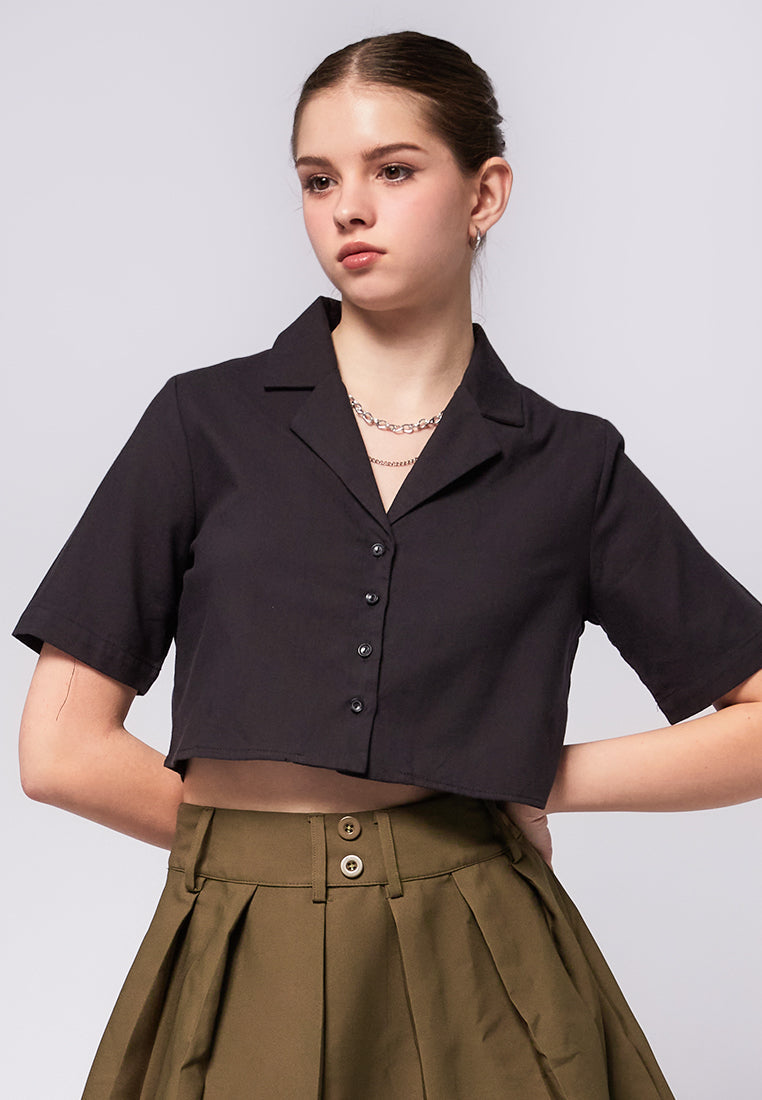 Notch Collar Crop Blouse