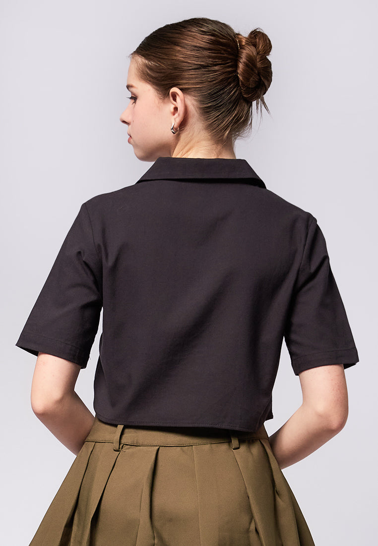 Notch Collar Crop Blouse