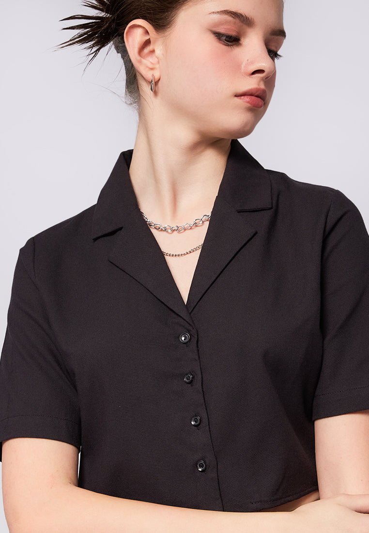 Notch Collar Crop Blouse