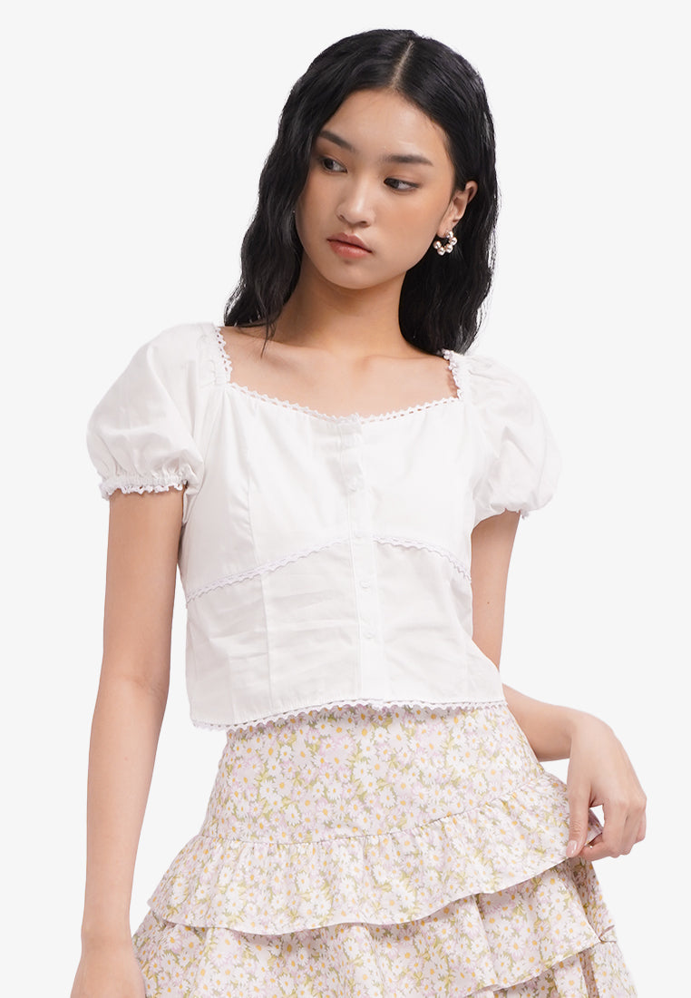 Button Up Puff Sleeves Top Off White