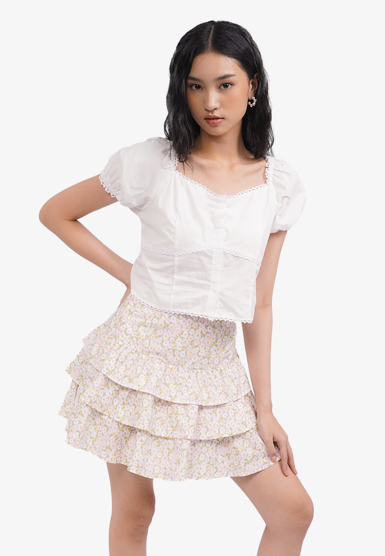 Button Up Puff Sleeves Top Off White