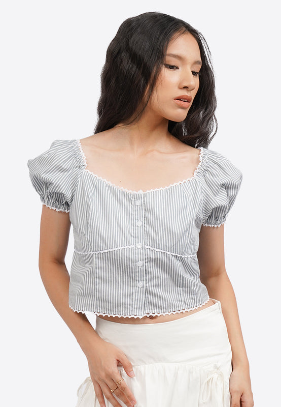 Button Up Printed Puff Sleeve Top