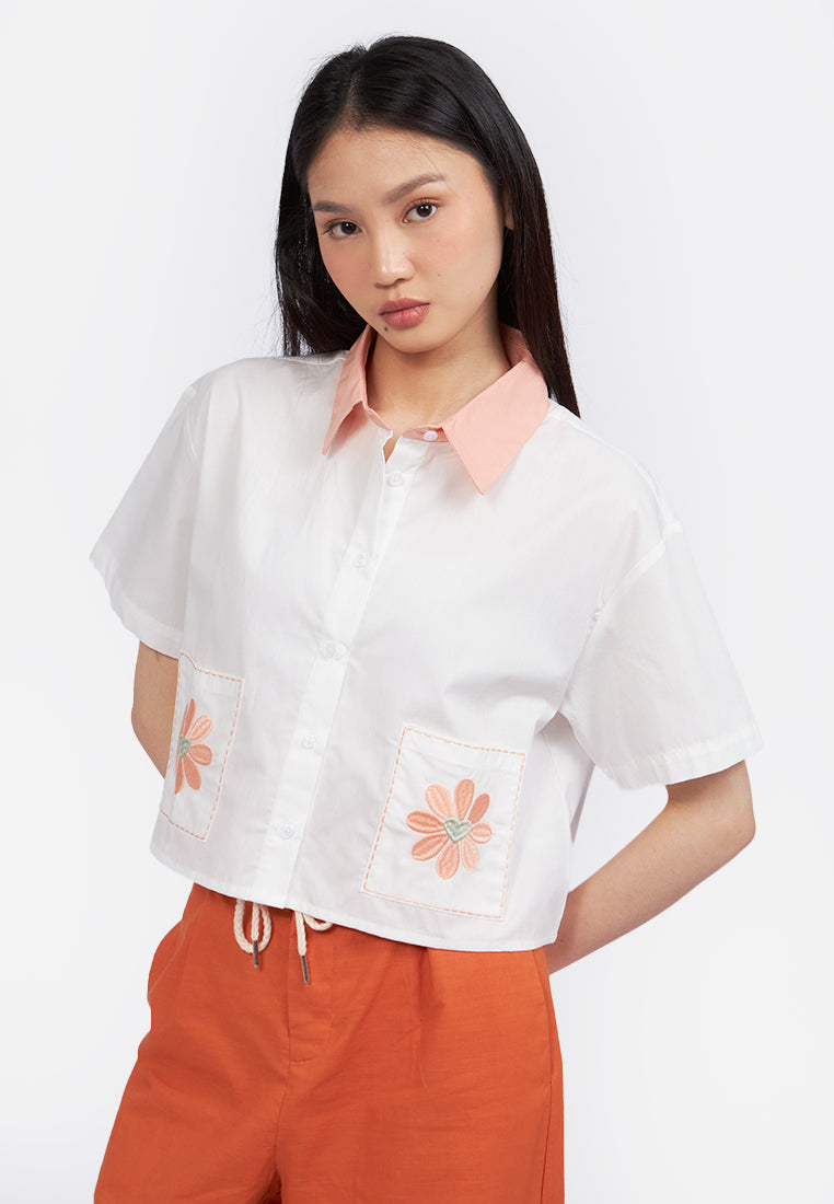Embroidered Short Sleeve Crop Shirt Off White