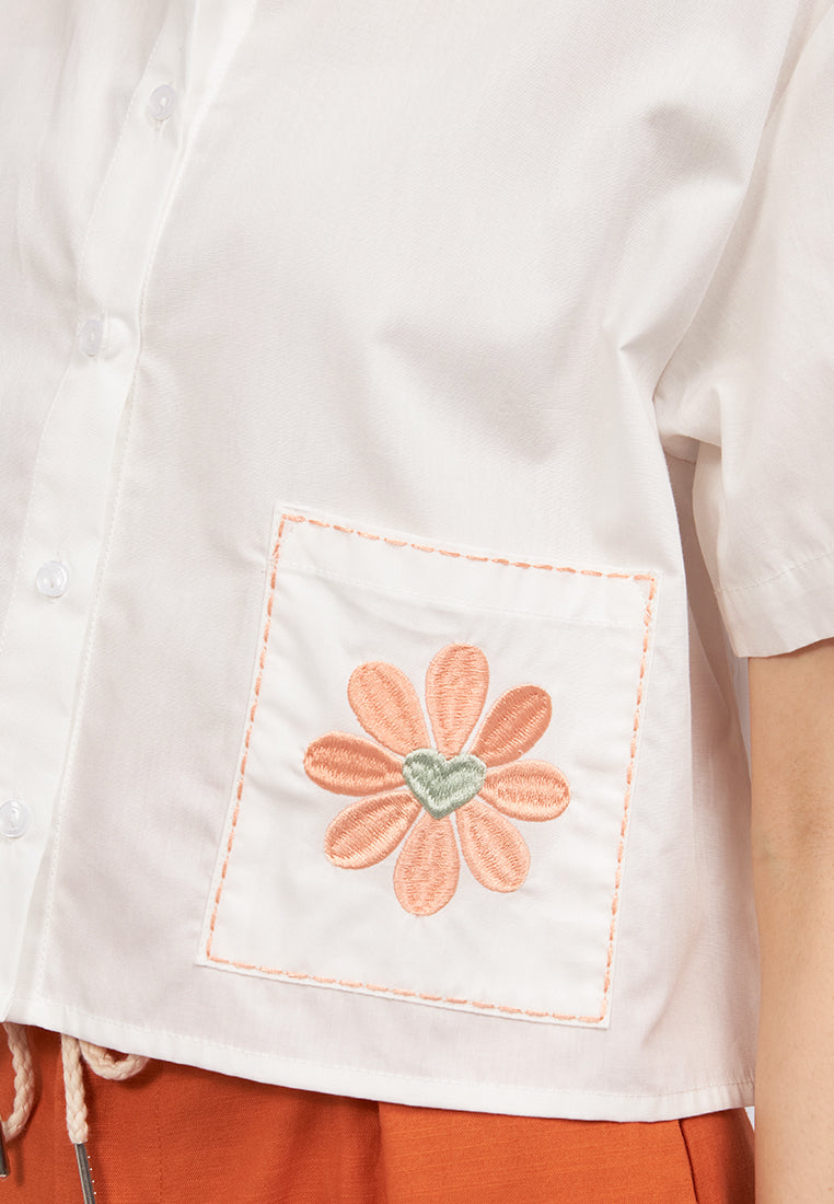 Embroidered Short Sleeve Crop Shirt Off White