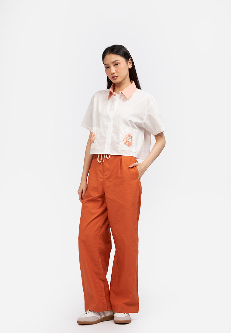 Embroidered Short Sleeve Crop Shirt Off White