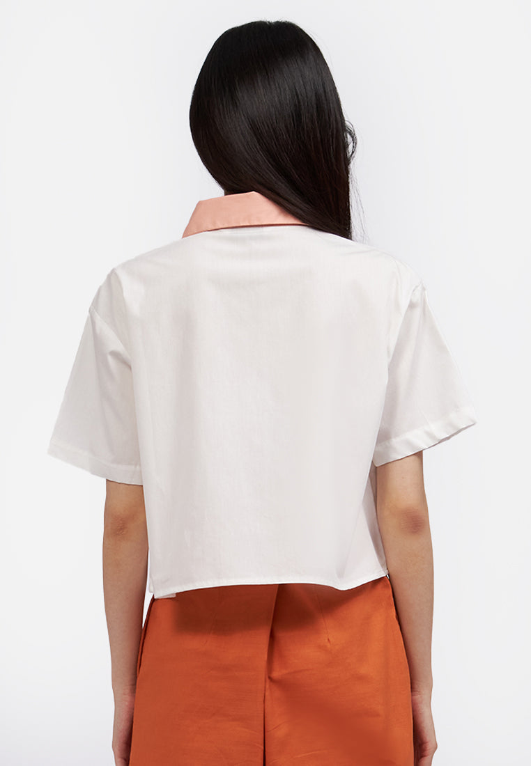 Embroidered Short Sleeve Crop Shirt Off White