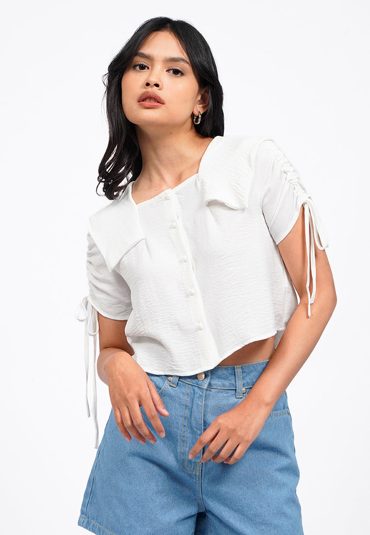Wide Collar Short Sleeve Blouse
