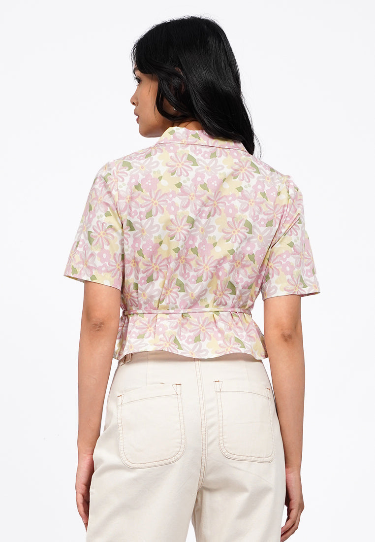 Belted Short Sleeve Printed Blouse