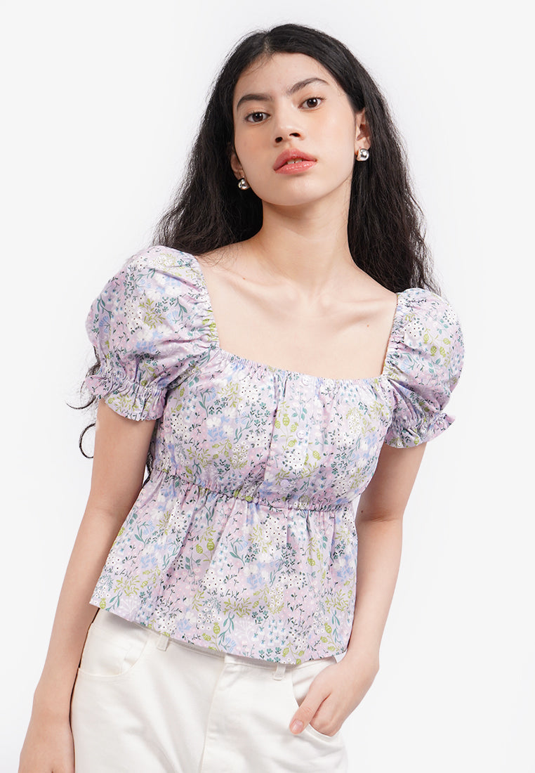 Printed Puff Sleeve Blouse Lilac