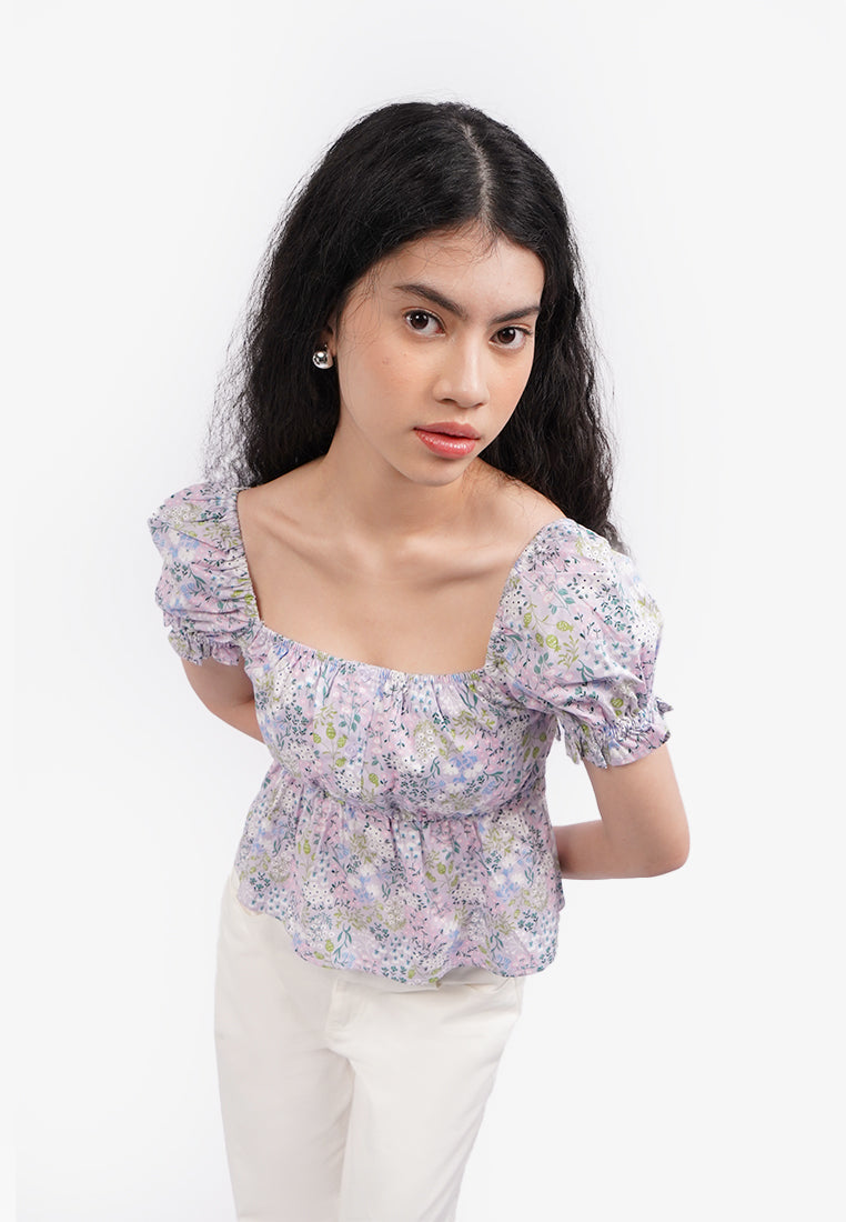 Printed Puff Sleeve Blouse Lilac
