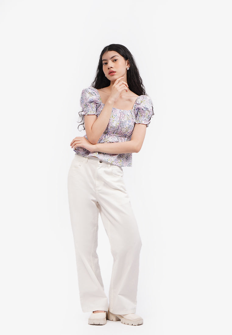 Printed Puff Sleeve Blouse Lilac