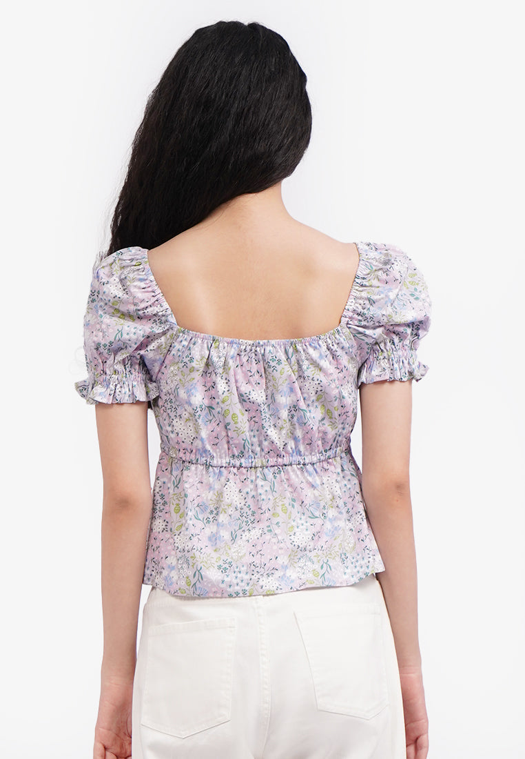 Printed Puff Sleeve Blouse Lilac