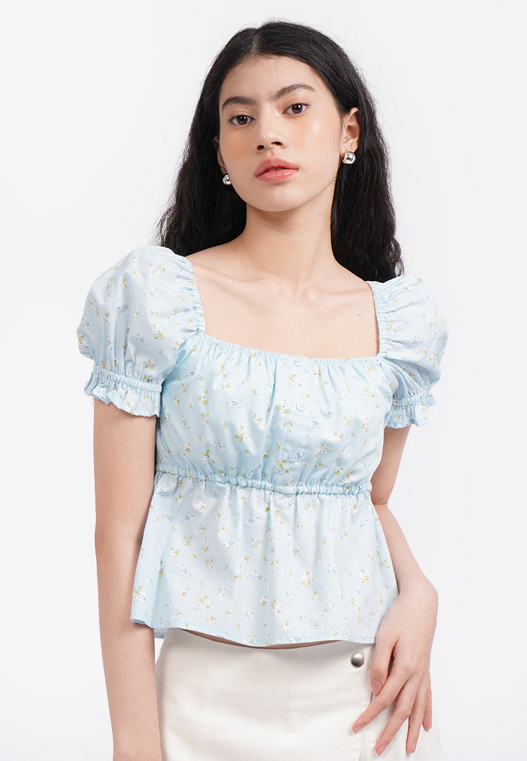 Printed Puff Sleeve Blouse L.Blue