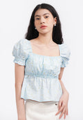 Printed Puff Sleeve Blouse L.Blue