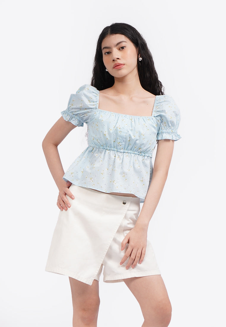 Printed Puff Sleeve Blouse L.Blue