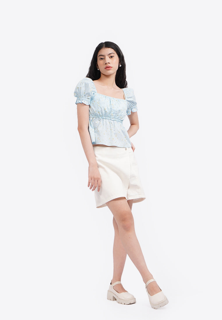 Printed Puff Sleeve Blouse L.Blue