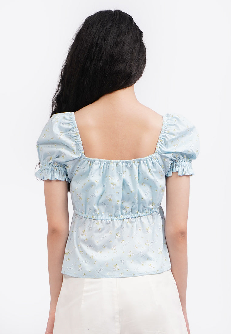 Printed Puff Sleeve Blouse L.Blue
