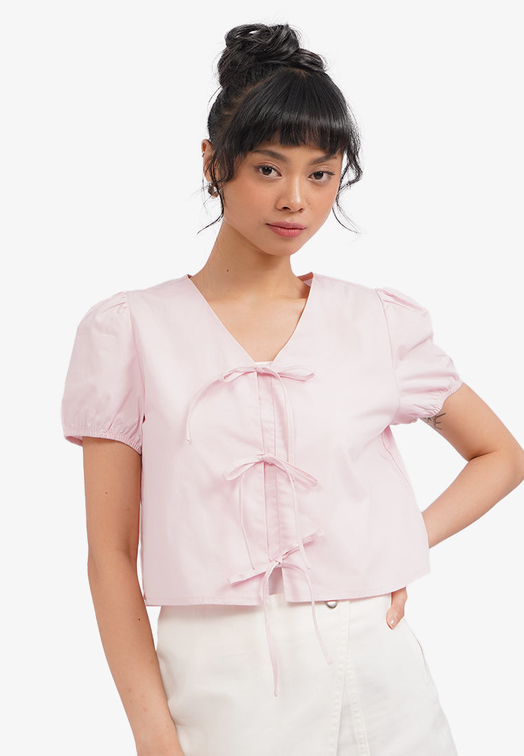 Short Sleeve Blouse with Tie Details L.Pink