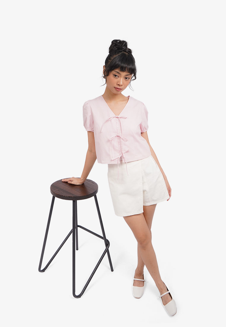 Short Sleeve Blouse with Tie Details L.Pink
