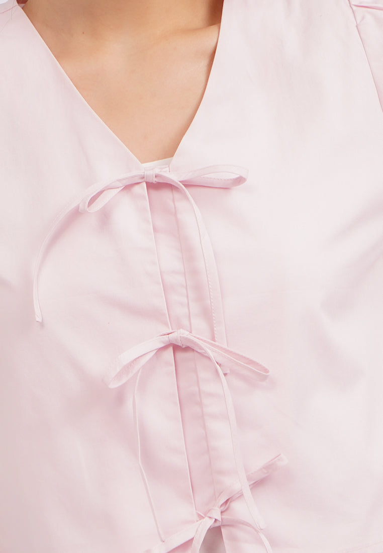 Short Sleeve Blouse with Tie Details L.Pink