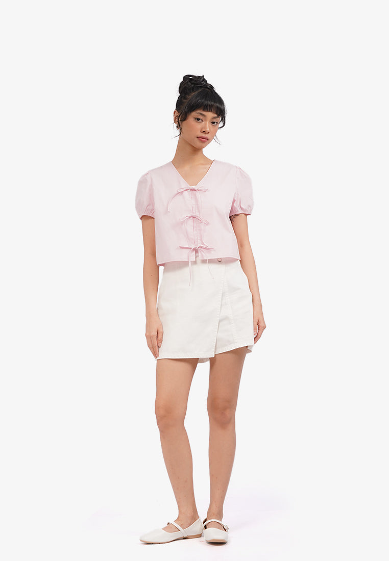 Short Sleeve Blouse with Tie Details L.Pink