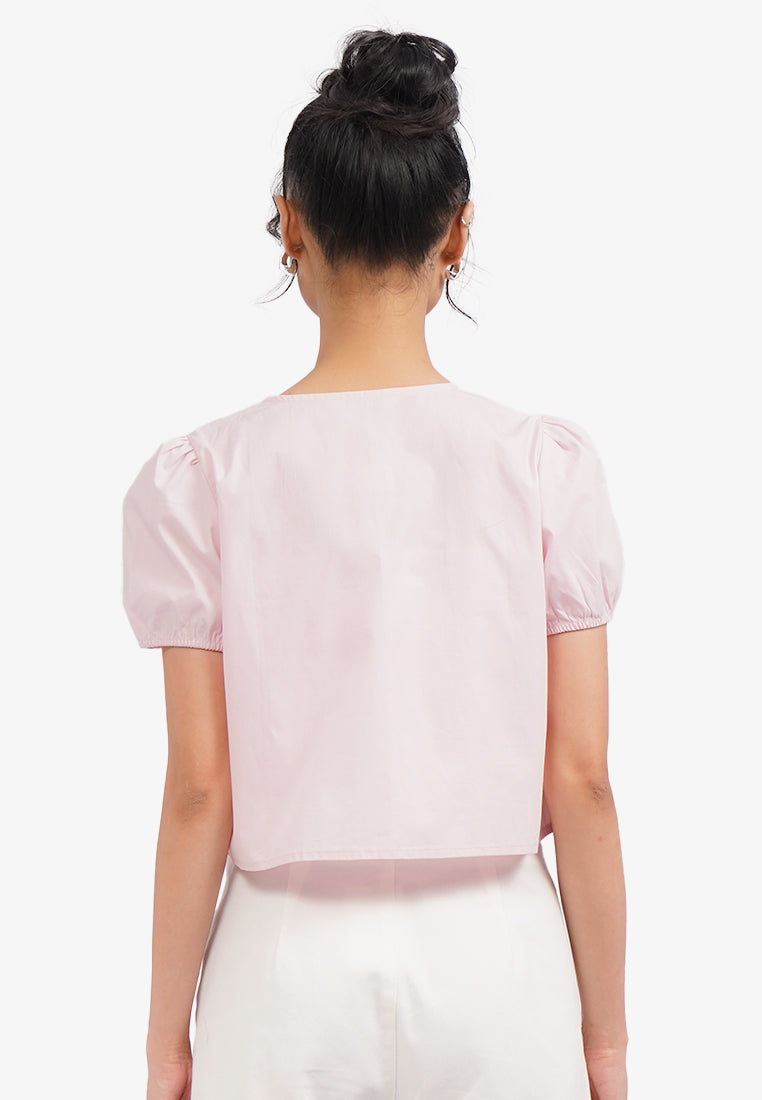 Short Sleeve Blouse with Tie Details L.Pink
