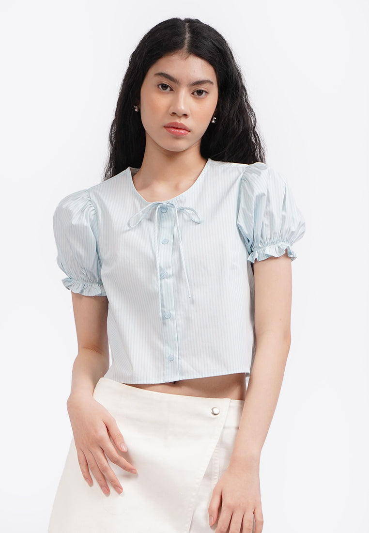 Button Up Puff Sleeve Blouse L.Blue