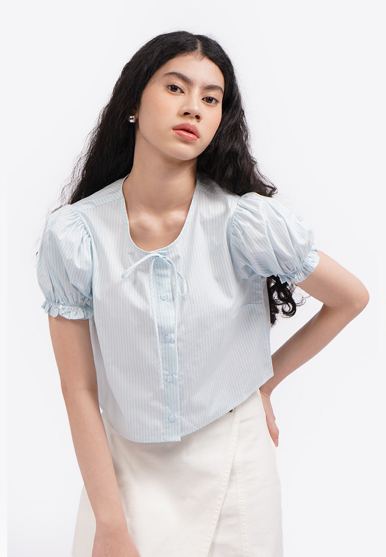 Button Up Puff Sleeve Blouse L.Blue