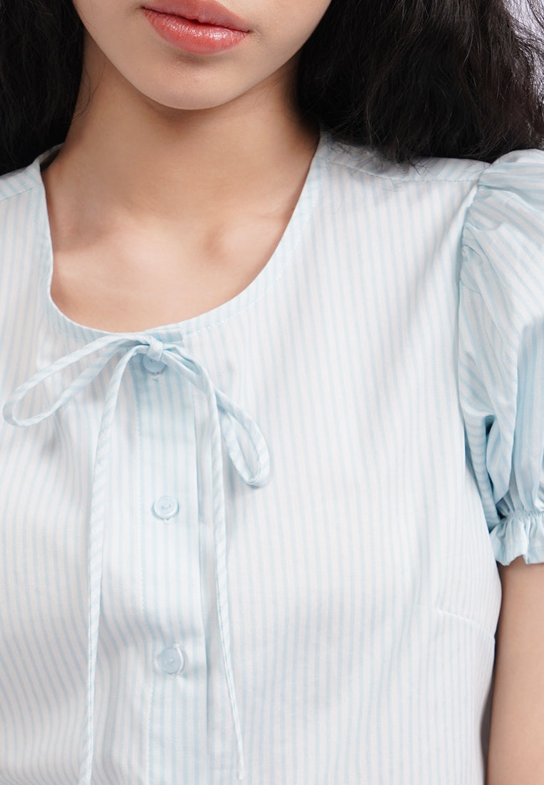 Button Up Puff Sleeve Blouse L.Blue