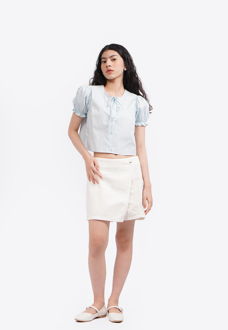 Button Up Puff Sleeve Blouse L.Blue