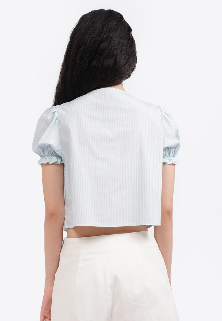 Button Up Puff Sleeve Blouse L.Blue