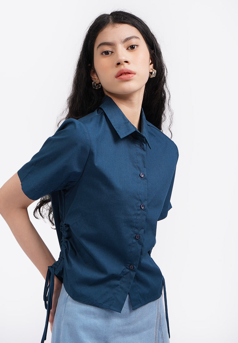 Blouse with Side Drawstring Details Navy