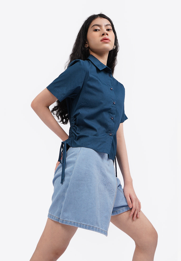 Blouse with Side Drawstring Details Navy