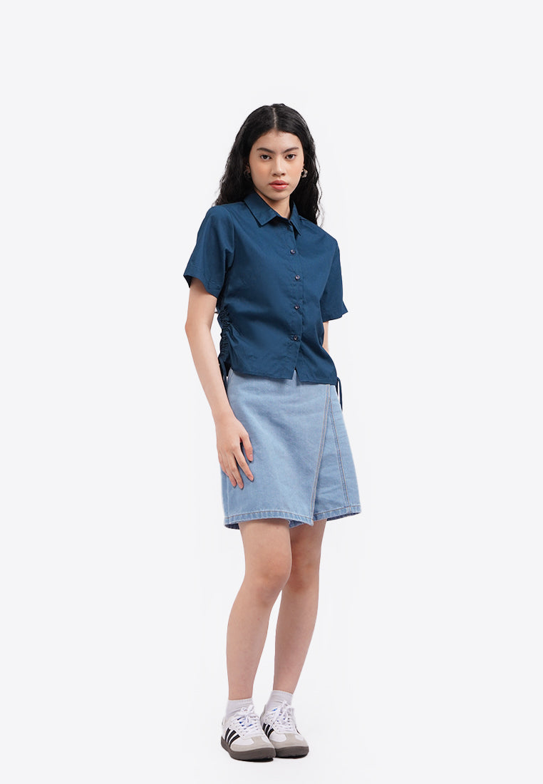 Blouse with Side Drawstring Details Navy