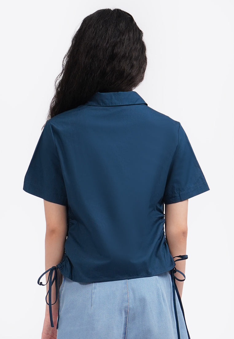 Blouse with Side Drawstring Details Navy