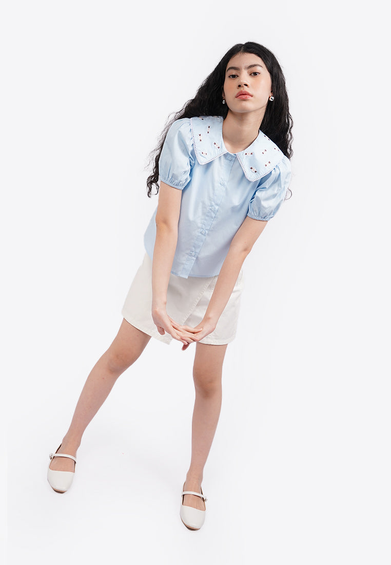 Embroidered Collar Shirt L.Blue