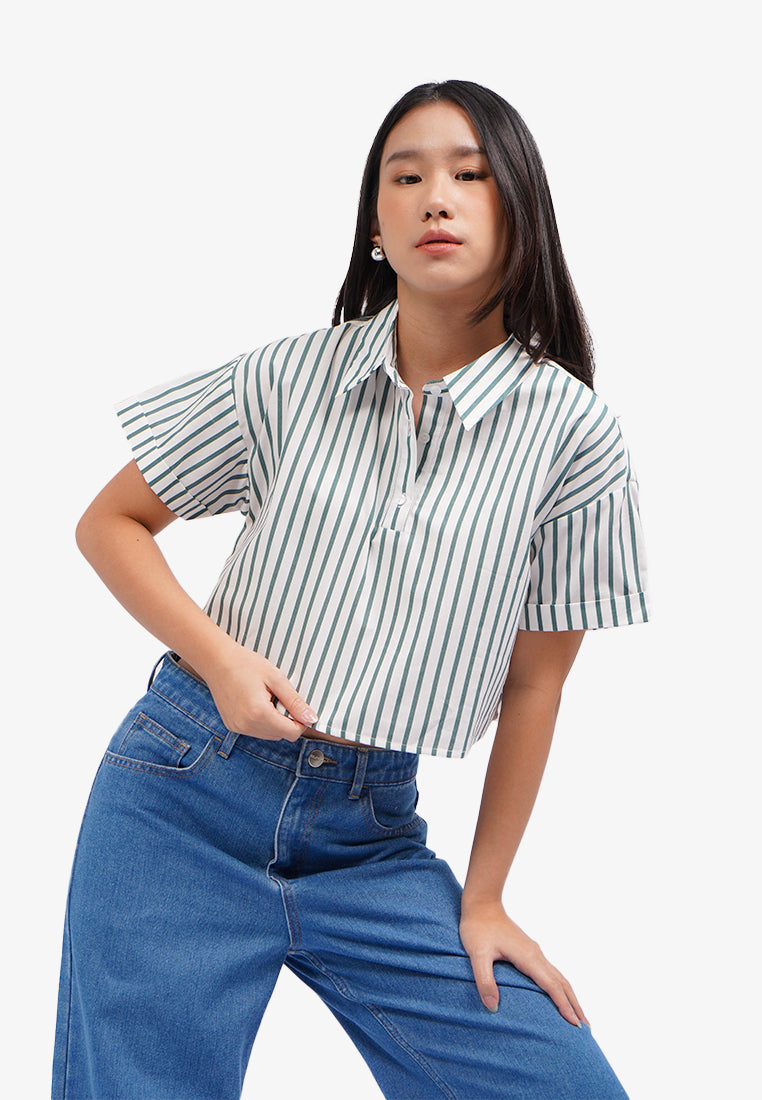 Printed Half Placket Button Up Shirt Off White